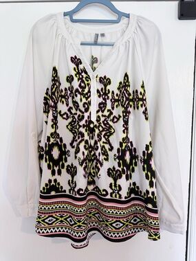 new directions White Tunic with Pink, Yellow and Black Print